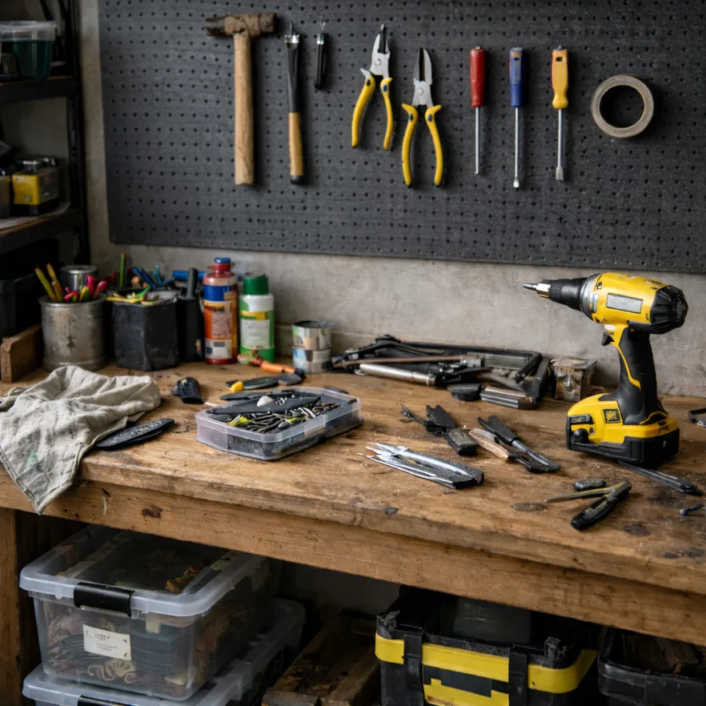 Zbliżenie na blat w warsztacie, wkrętarka, organizer na śruby i podstawowe narzędzia na pegboardzie