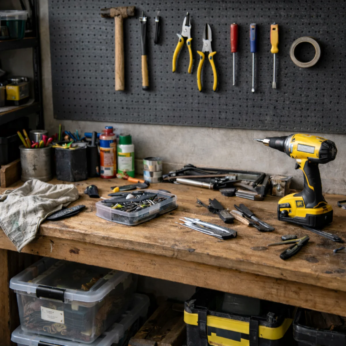 Zbliżenie na blat w warsztacie, wkrętarka, organizer na śruby i podstawowe narzędzia na pegboardzie