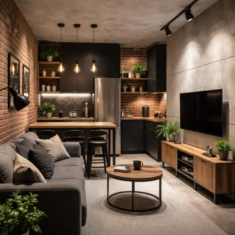 Styl loft w małych pomieszczeniach: mały salon z kuchnią, cegła, beton i czarne dodatki