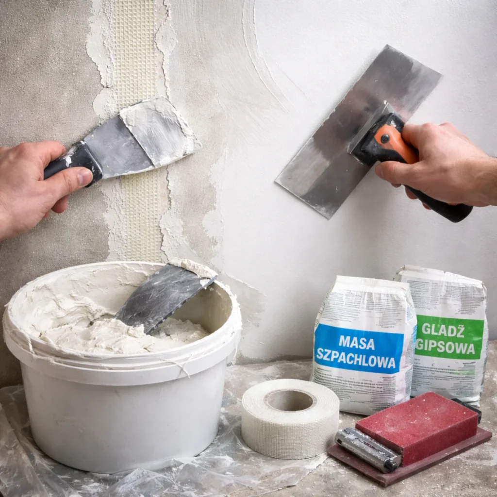 Szpachlowanie ściany i wygładzanie masą – pokazana kolejność prac szpachla i gładź