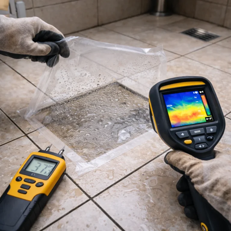 Test folii na płytkach w łazience – skroplona para i sprawdzanie wilgoci pod płytkami