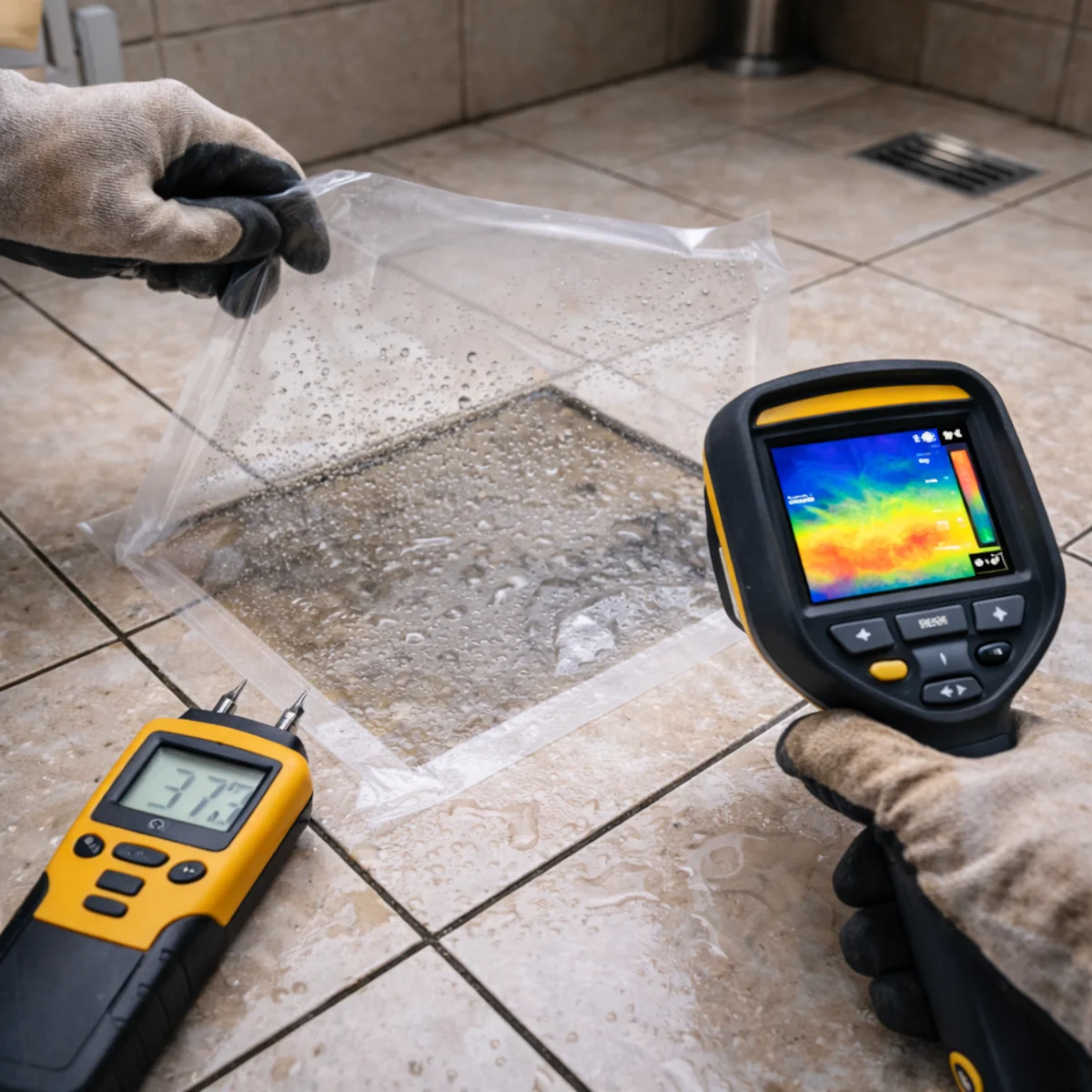 Test folii na płytkach w łazience – skroplona para i sprawdzanie wilgoci pod płytkami