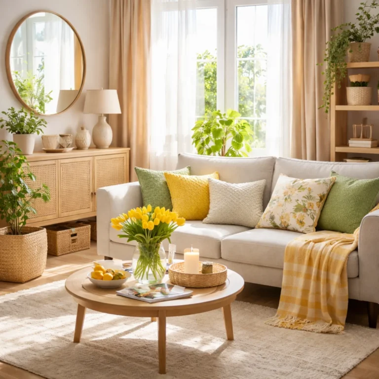 Wiosenna metamorfoza mieszkania bez remontu w salonie: jasna sofa, tulipany i tekstylia