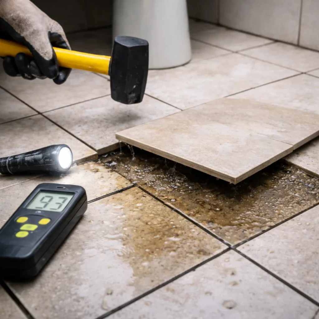 Woda pod płytkami w łazience – uniesiona płytka, wilgoć i pomiar wilgotności