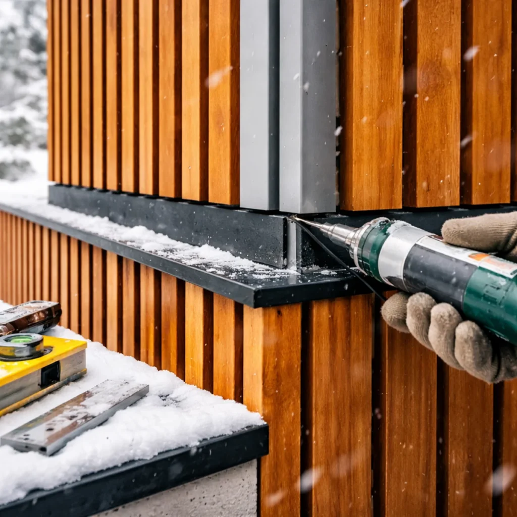 Wykończenie narożników lameli elewacyjnych zimą – detal obróbki i uszczelnienia przy elewacji
