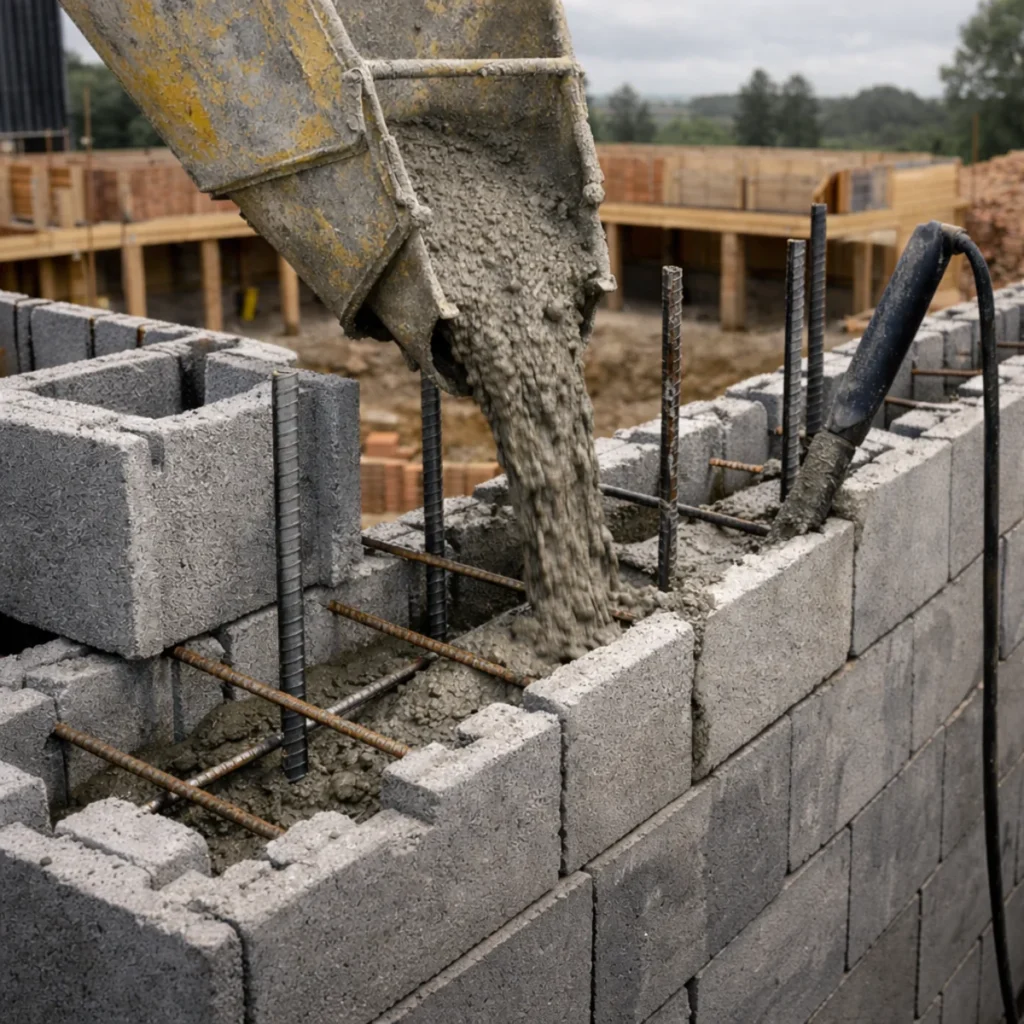 Zalewanie pustaków szalunkowych betonem z widocznym zbrojeniem w ścianie fundamentowej