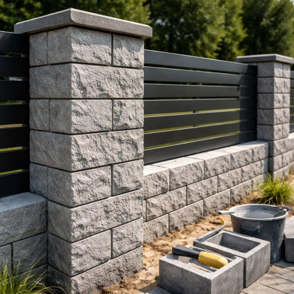 Zbliżenie na bloczek betonowy ogrodzeniowy i słupek ogrodzenia z betonowych elementów