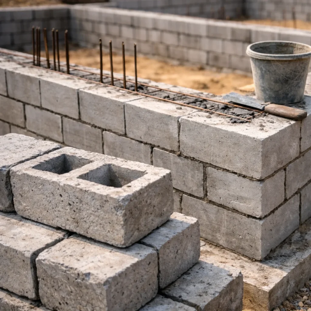 Zbliżenie na bloczki betonowe i fragment ściany fundamentowej na budowie domu