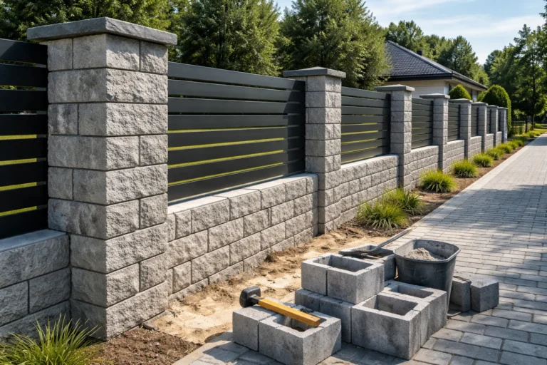 Nowoczesne ogrodzenie z bloczków betonowych z grafitowymi przęsłami przy domu jednorodzinnym