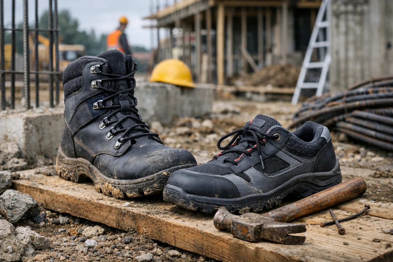 Buty robocze na budowę stojące na desce roboczej na tle placu budowy