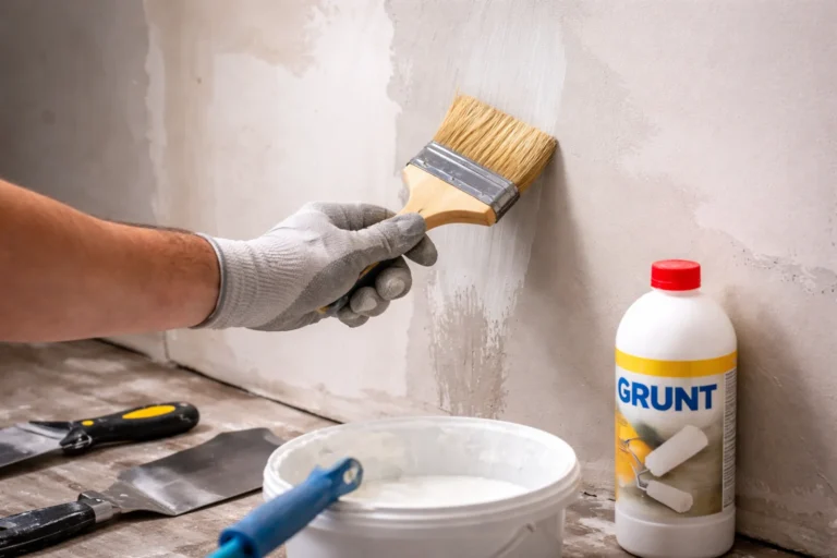 Gruntowanie ściany przed szpachlowaniem za pomocą pędzla i preparatu gruntującego