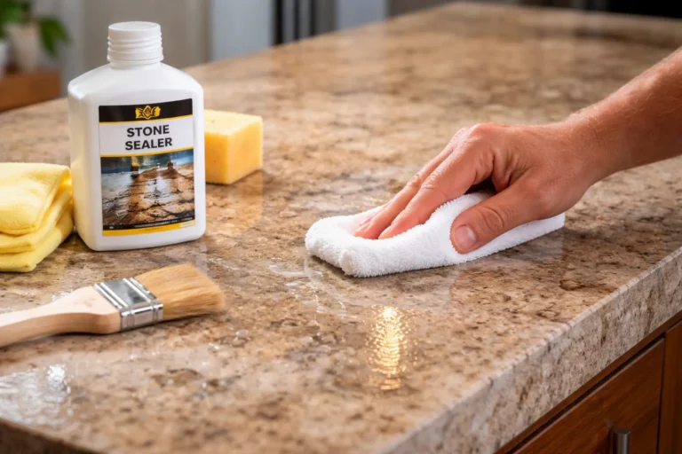 Impregnacja blatu z kamienia naturalnego przy użyciu miękkiej ściereczki i preparatu ochronnego