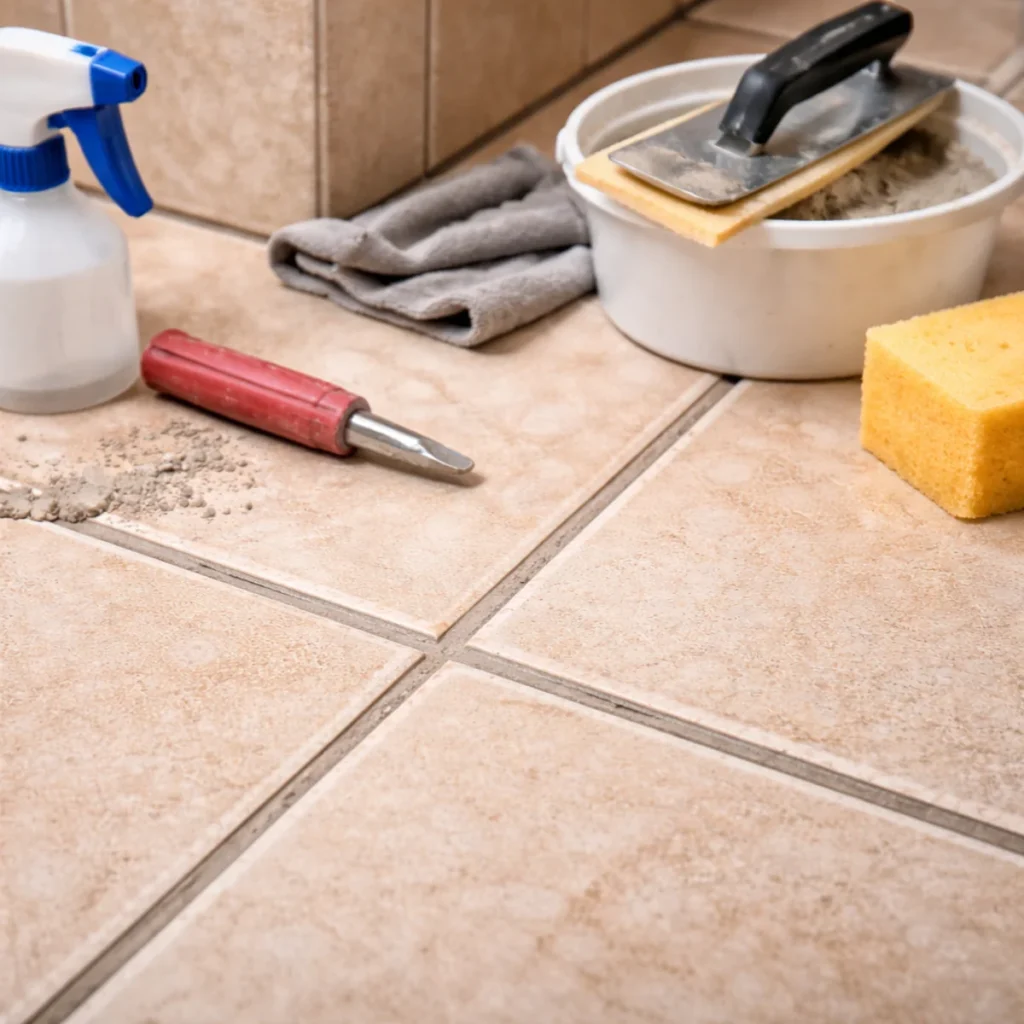 Naprawiona fuga po myciu – równe spoiny między płytkami po uzupełnieniu