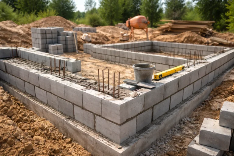 Fundament domu jednorodzinnego z bloczków betonowych na budowie, z widocznymi ławami fundamentowymi i narzędziami murarskimi