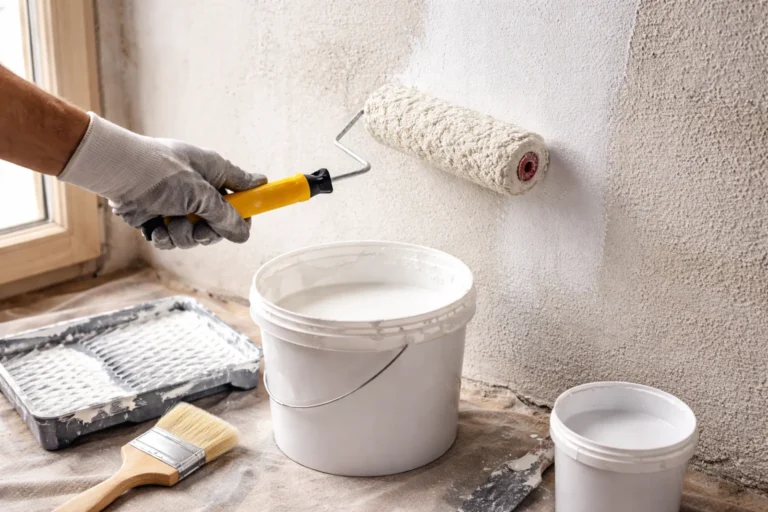 Nakładanie gruntu pod farbę wałkiem na ścianę przed malowaniem wnętrza