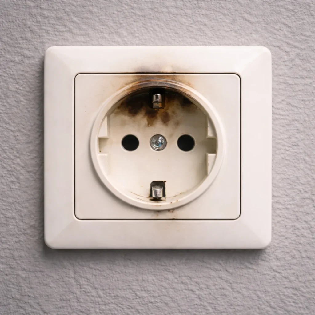 Delikatnie okopcone gniazdko elektryczne na szarej ścianie, ślady przegrzania wokół otworów