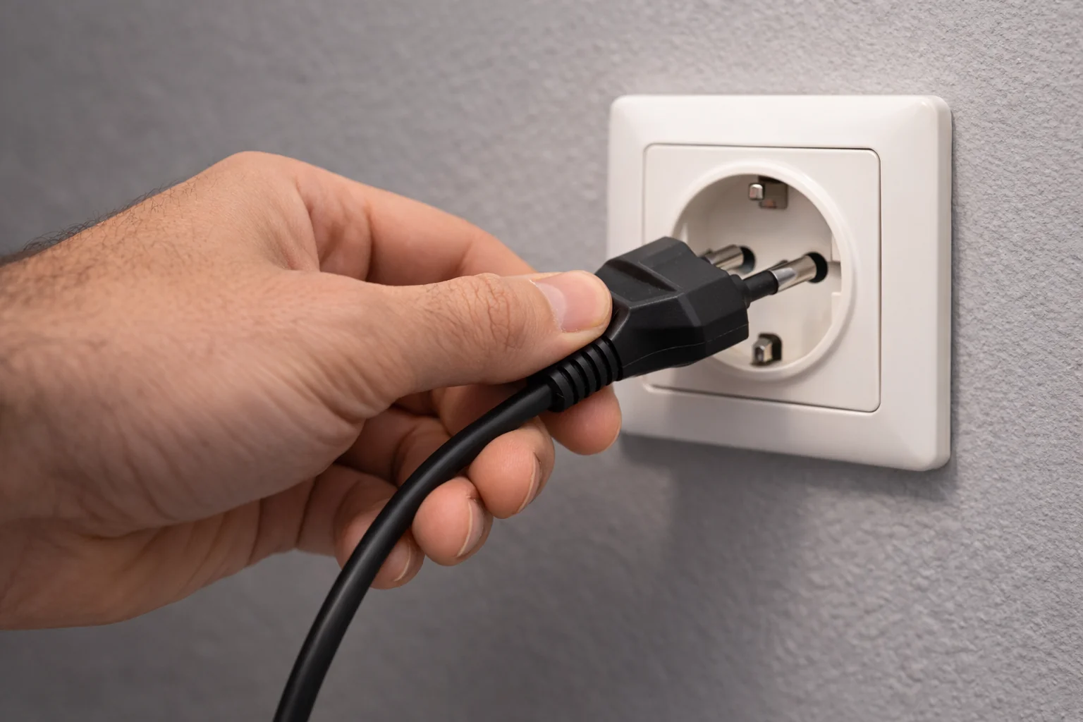 Męska dłoń wkłada czarną wtyczkę do białego gniazdka na szarej ścianie