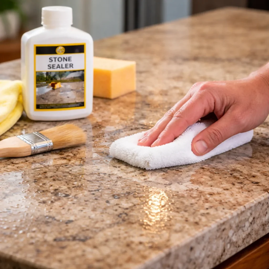 Zbliżenie na blat z kamienia naturalnego podczas impregnacji środkiem ochronnym