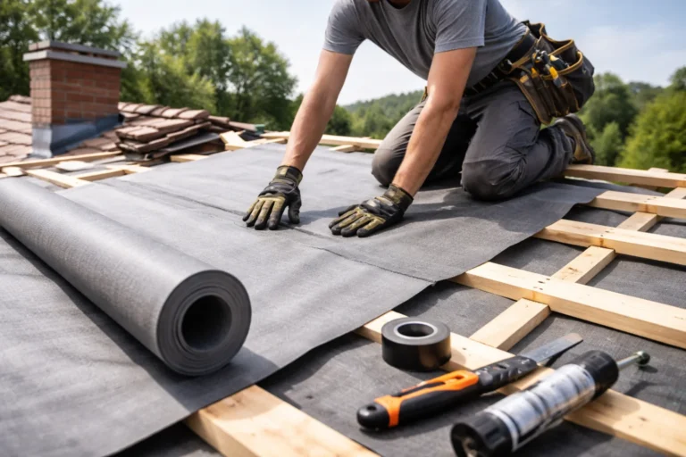 Dekarz układa membranę dachową na połaci i przygotowuje ją pod kontrłaty