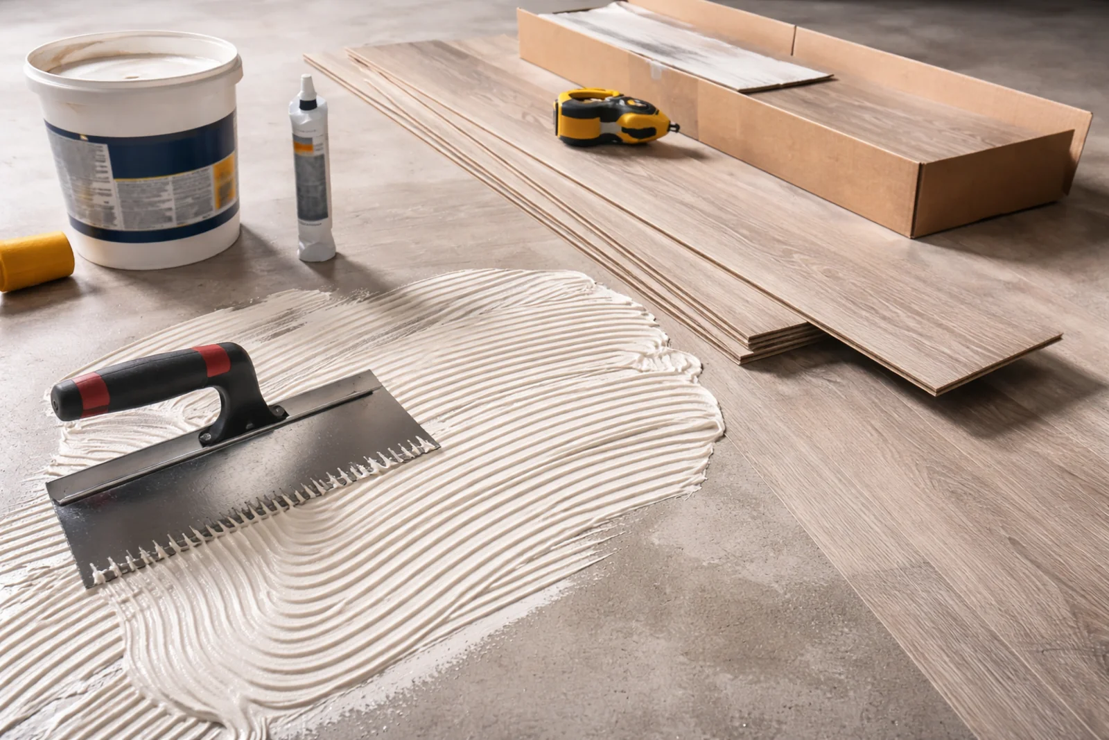 Nakładanie kleju do paneli podłogowych pacą zębatą na równe podłoże przed montażem paneli winylowych