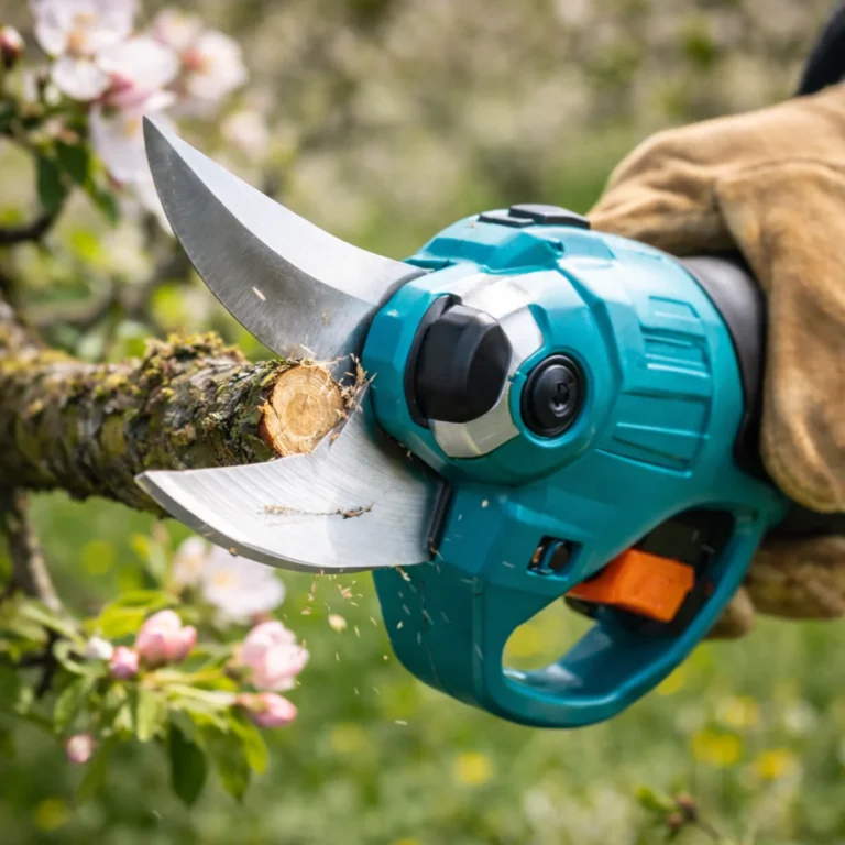 Zbliżenie ostrza sekatora akumulatorowego podczas cięcia gałęzi drzewa owocowego