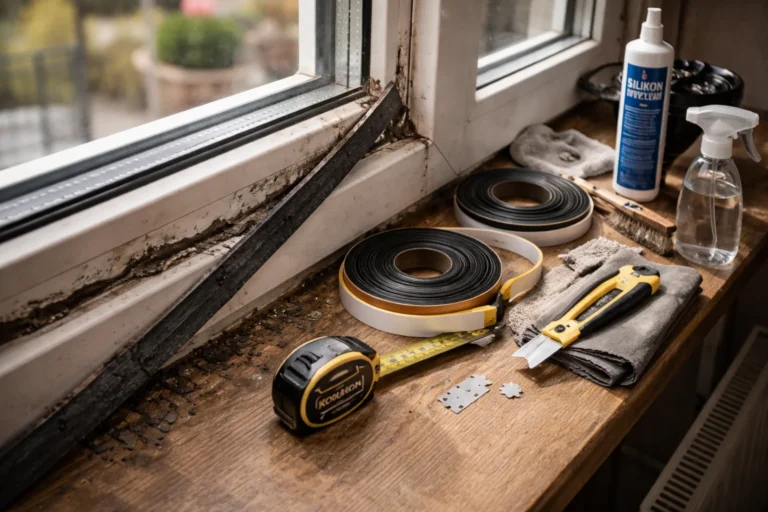 Sparciała uszczelka w oknie oraz narzędzia do uszczelniania okien leżące na parapecie