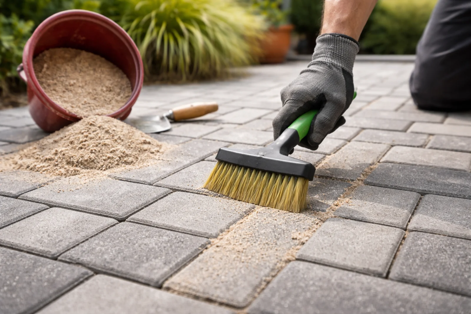 Wypełnianie szczelin między kostkami brukowymi suchym piaskiem za pomocą szczotki na przydomowym podjeździe