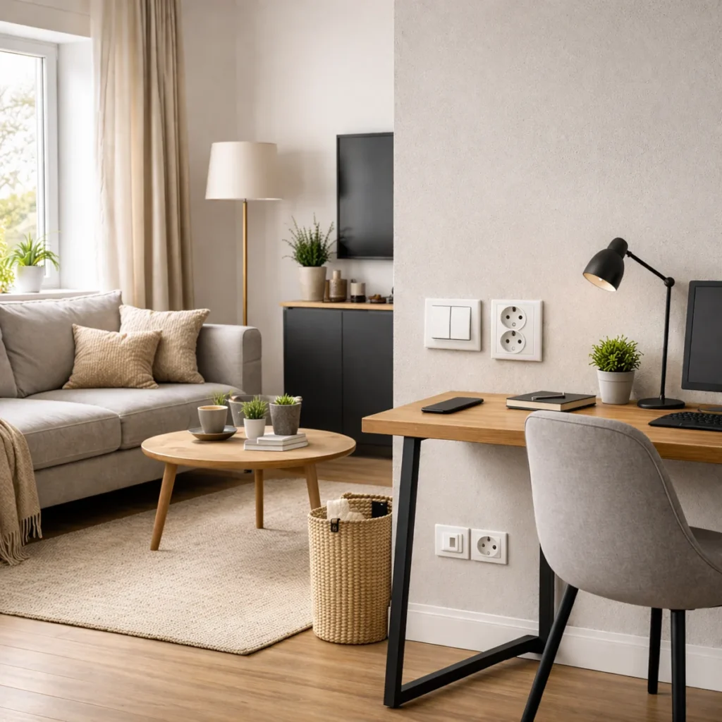 Ergonomiczna aranżacja jasnego salonu z kącikiem do pracy, biurkiem, sofą i gniazdkami elektrycznymi na ścianie