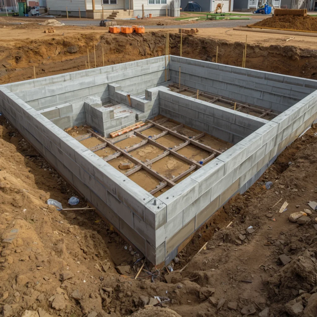 Fundament domu jednorodzinnego z betonowych ścian fundamentowych wykonany w wykopie na placu budowy