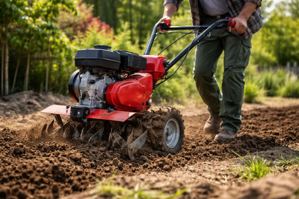 Glebogryzarka spalinowa z napędem podczas pracy w ogrodzie