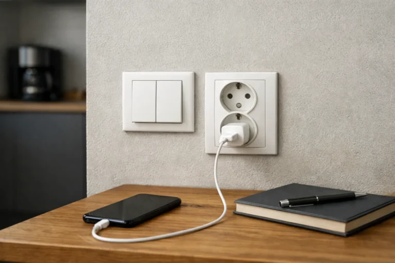 Podwójny biały włącznik i podwójne gniazdko z bolcem nad drewnianym blatem z telefonem i notesem