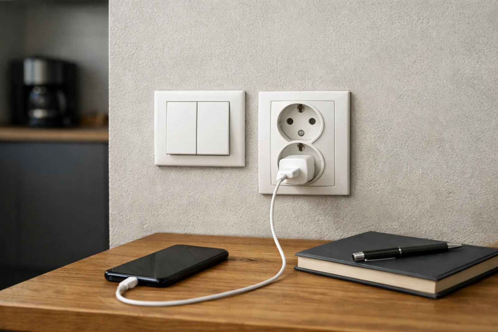 Podwójny biały włącznik i podwójne gniazdko z bolcem nad drewnianym blatem z telefonem i notesem