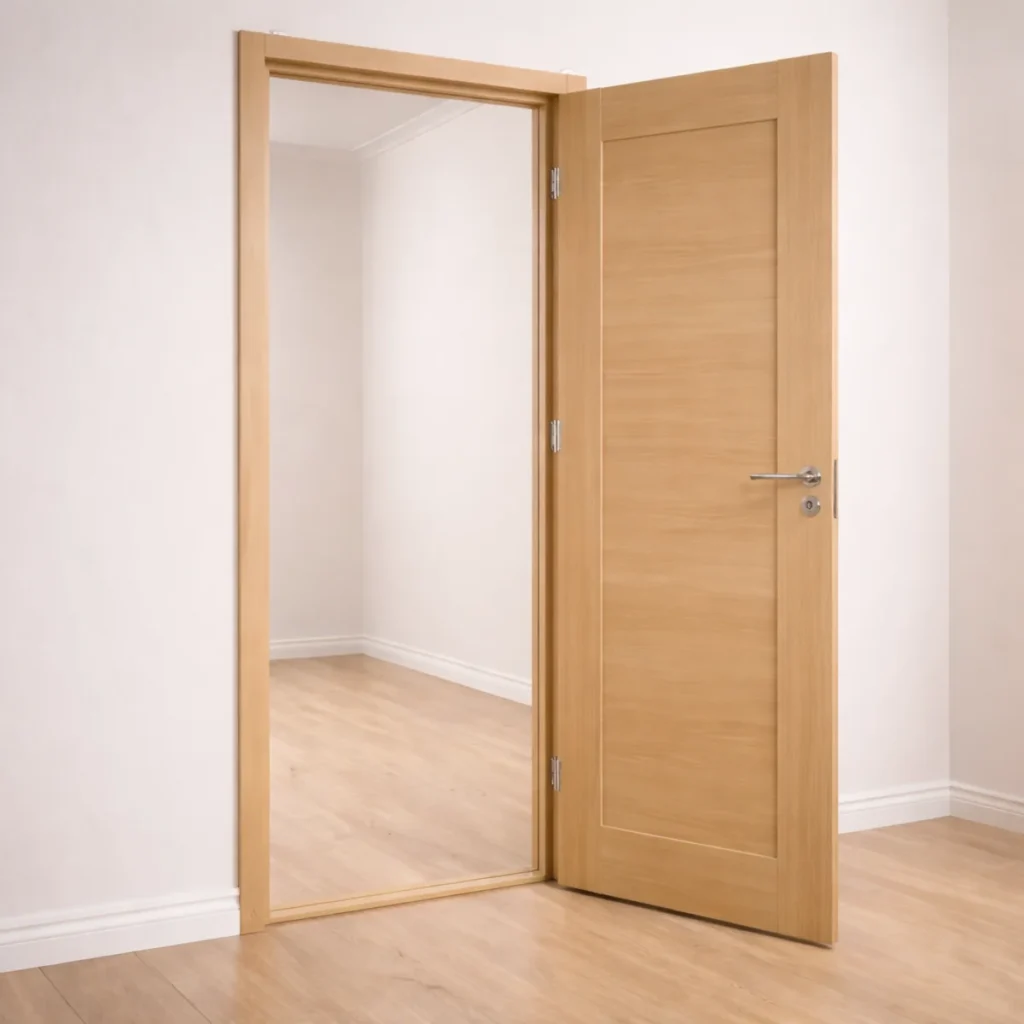 Gotowe drzwi wewnętrzne z jasnego drewna zamontowane w ościeżnicy i lekko uchylone
