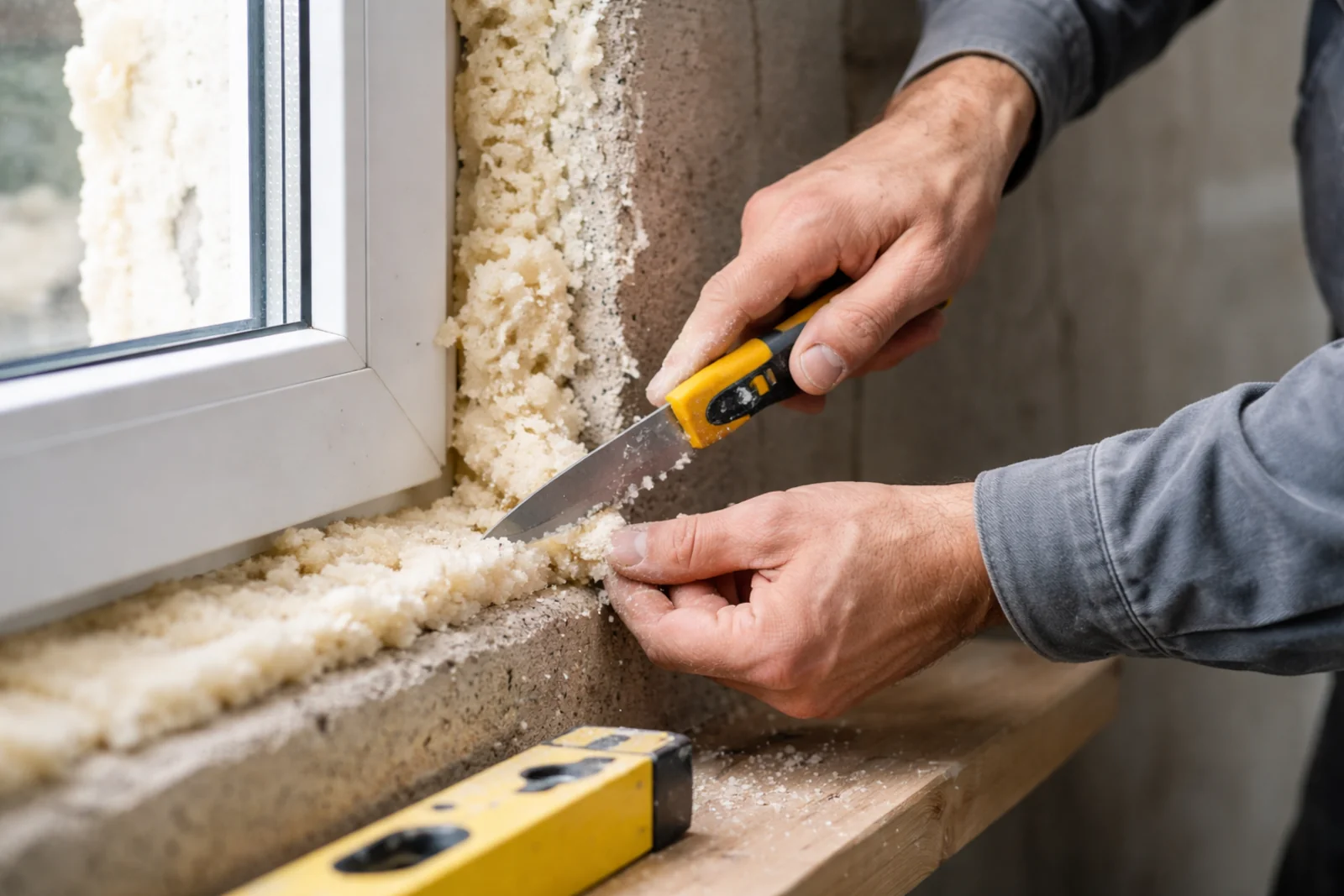 Przycinanie piany montażowej przy oknie nożem z długim ostrzem