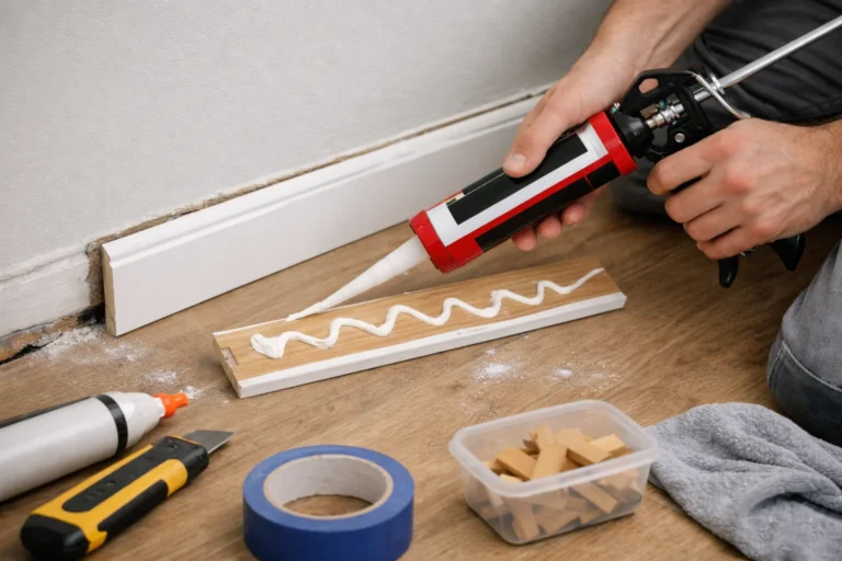 Mężczyzna nakłada klej montażowy na listwę przypodłogową przed przyklejeniem jej do ściany