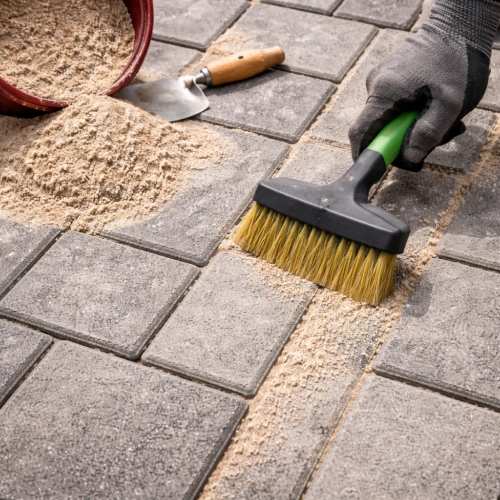 Zbliżenie z góry na szczelinę między kostkami brukowymi wypełnianą piaskiem przy użyciu szczotki