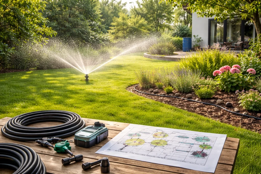 Planowanie nawadniania ogrodu z widocznymi zraszaczami, rurami i elementami systemu na trawniku