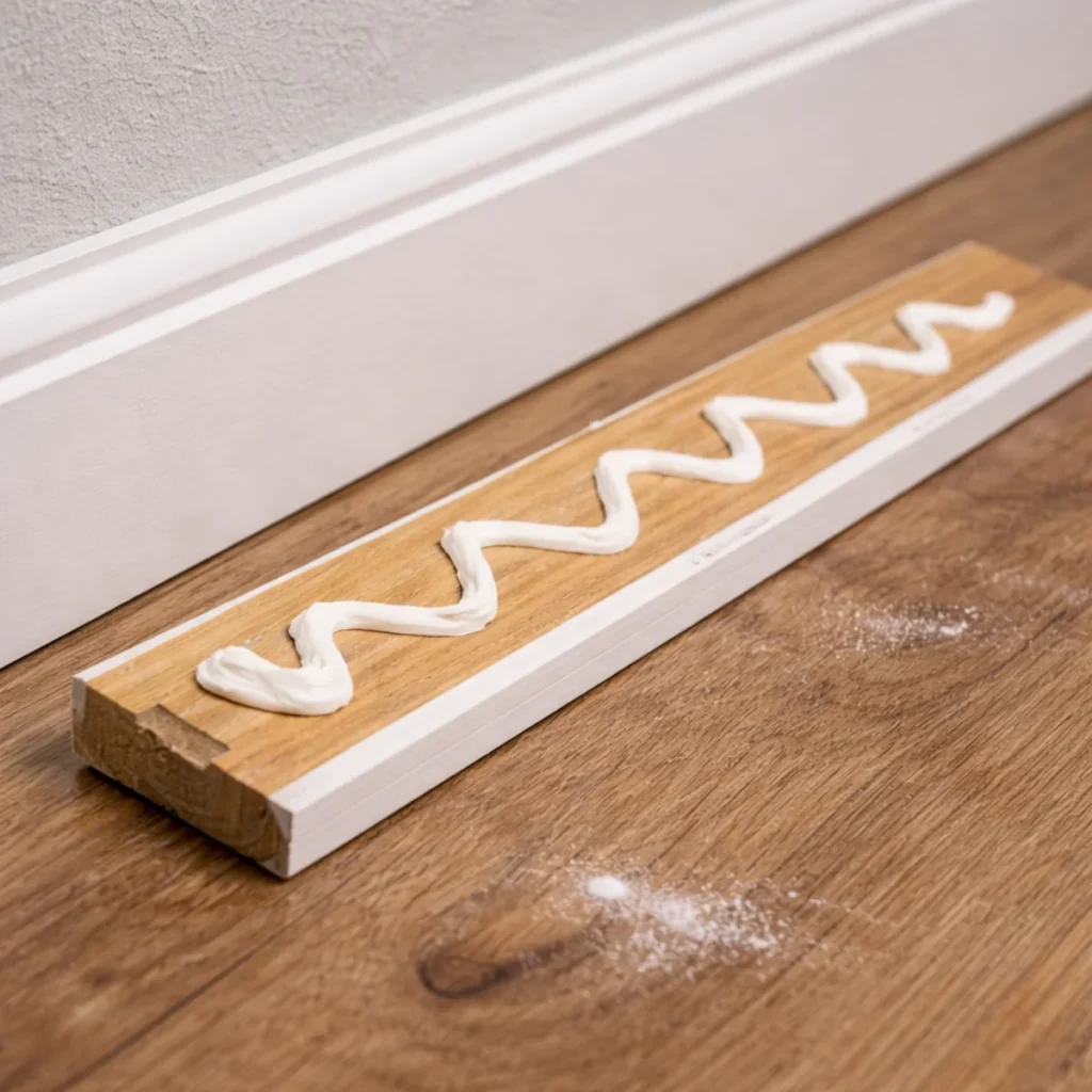 Zbliżenie na listwę przypodłogową z nałożonym klejem montażowym przed przyklejeniem do ściany