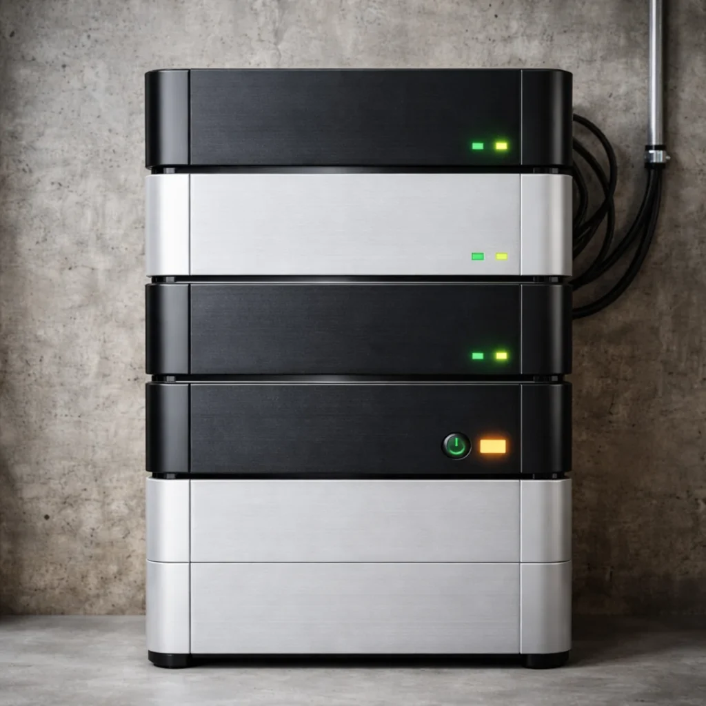 Nowoczesny magazyn energii do domu ustawiony przy betonowej ścianie bez dodatkowych elementów wokół