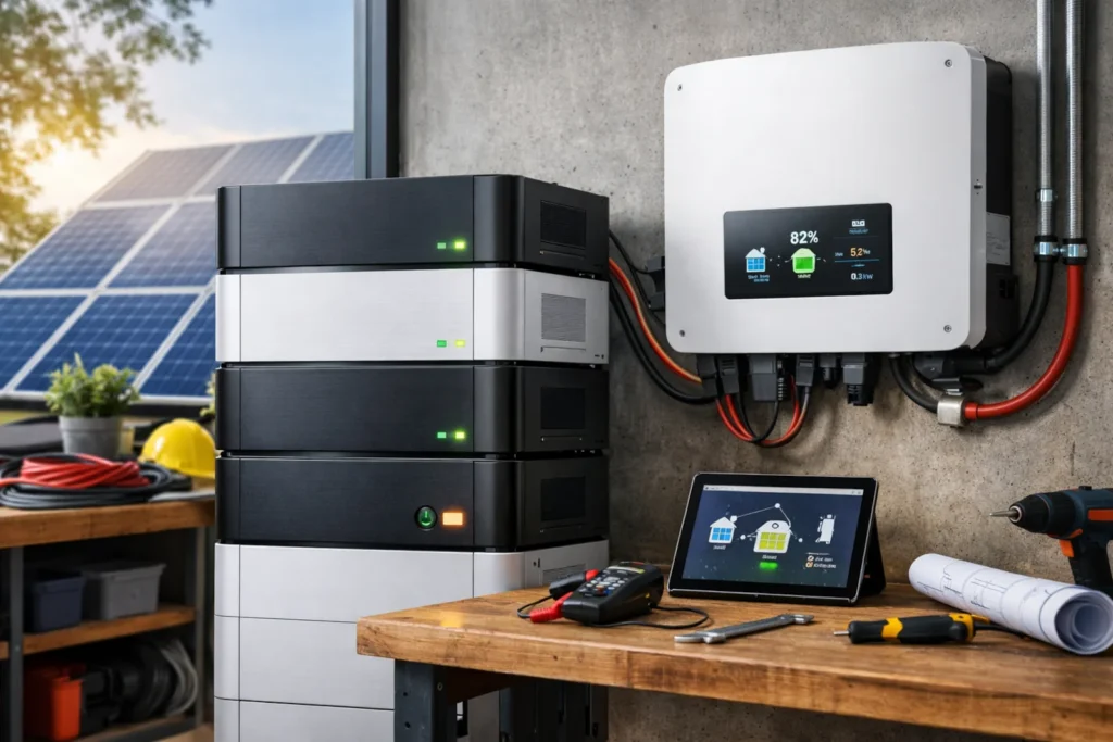 Domowy magazyn energii zamontowany przy ścianie w nowoczesnym garażu obok falownika i instalacji fotowoltaicznej