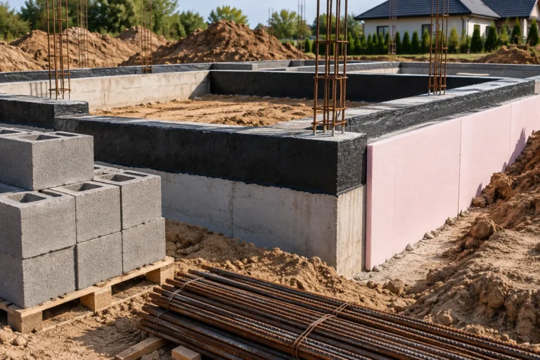 Fundamenty domu jednorodzinnego z bloczkami betonowymi, zbrojeniem i izolacją