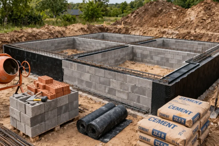 Fundament domu jednorodzinnego w trakcie budowy z bloczkami betonowymi, zbrojeniem, hydroizolacją i workami cementu na placu budowy