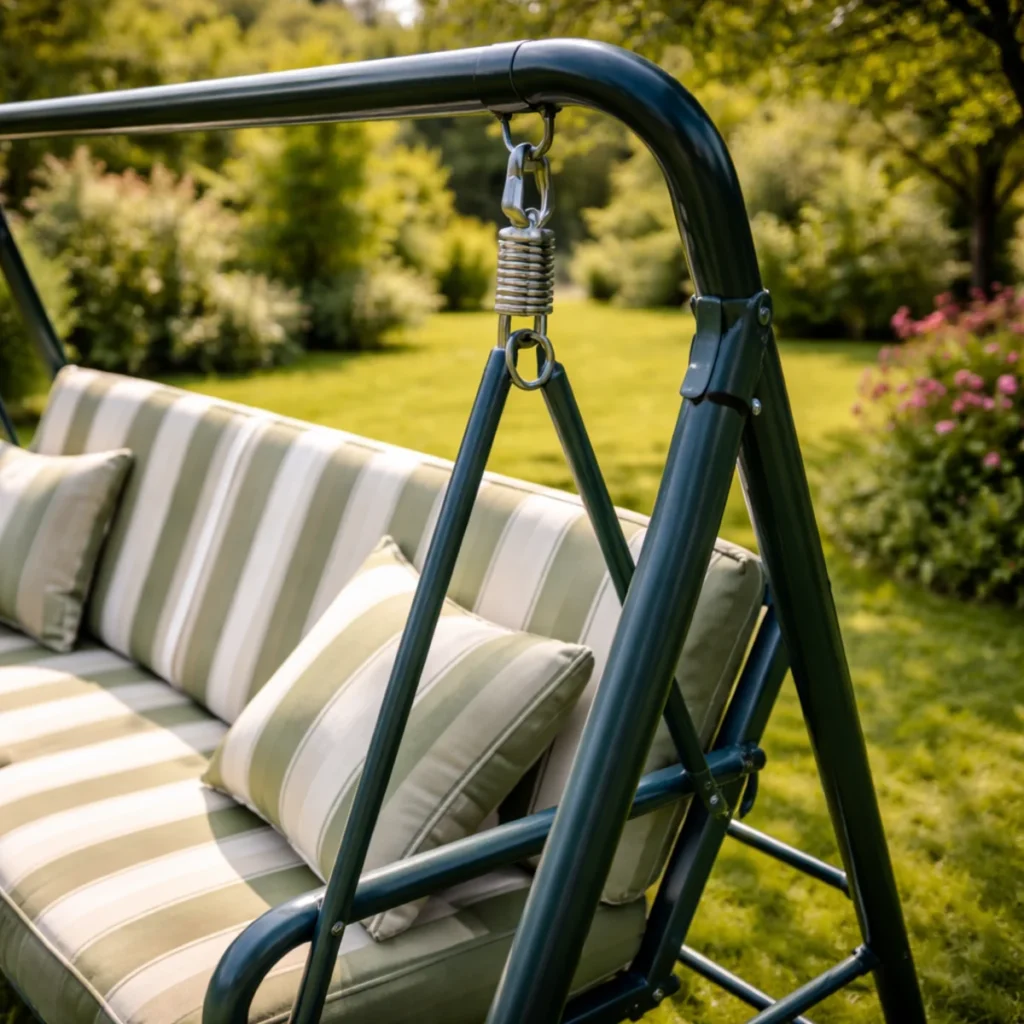 Zbliżenie na metalowe pręty i mocowanie odnowionej huśtawki ogrodowej