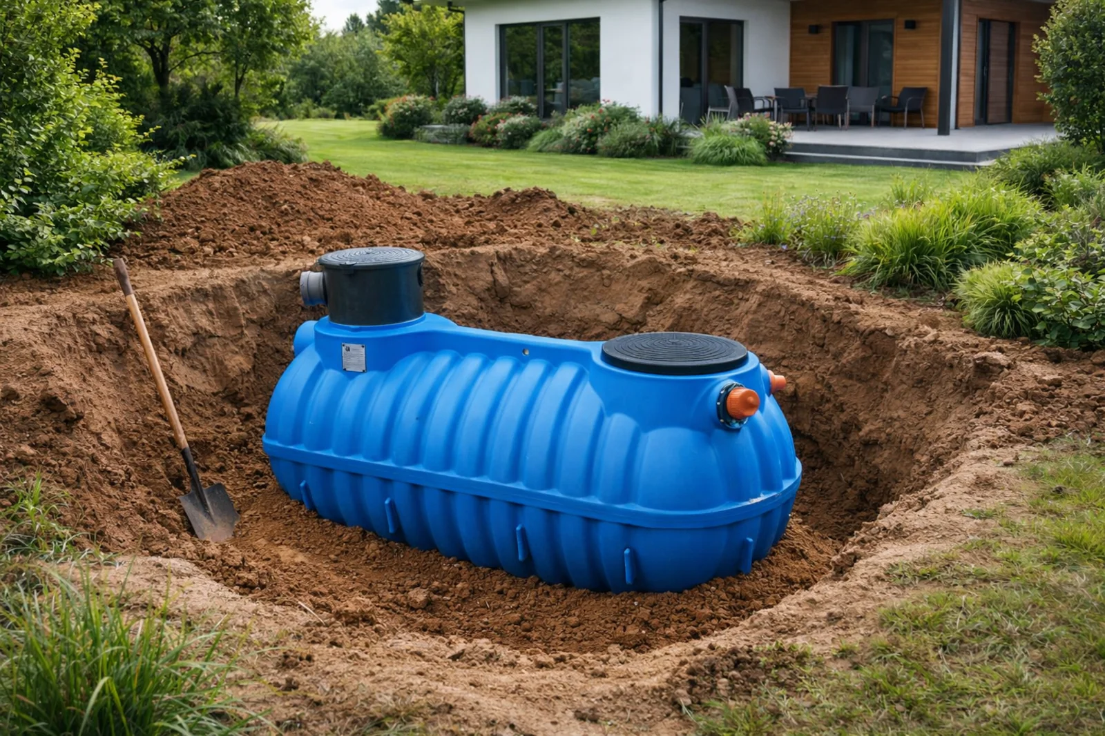 Montaż podziemnego zbiornika wody deszczowej w wykopie obok domu i ogrodu