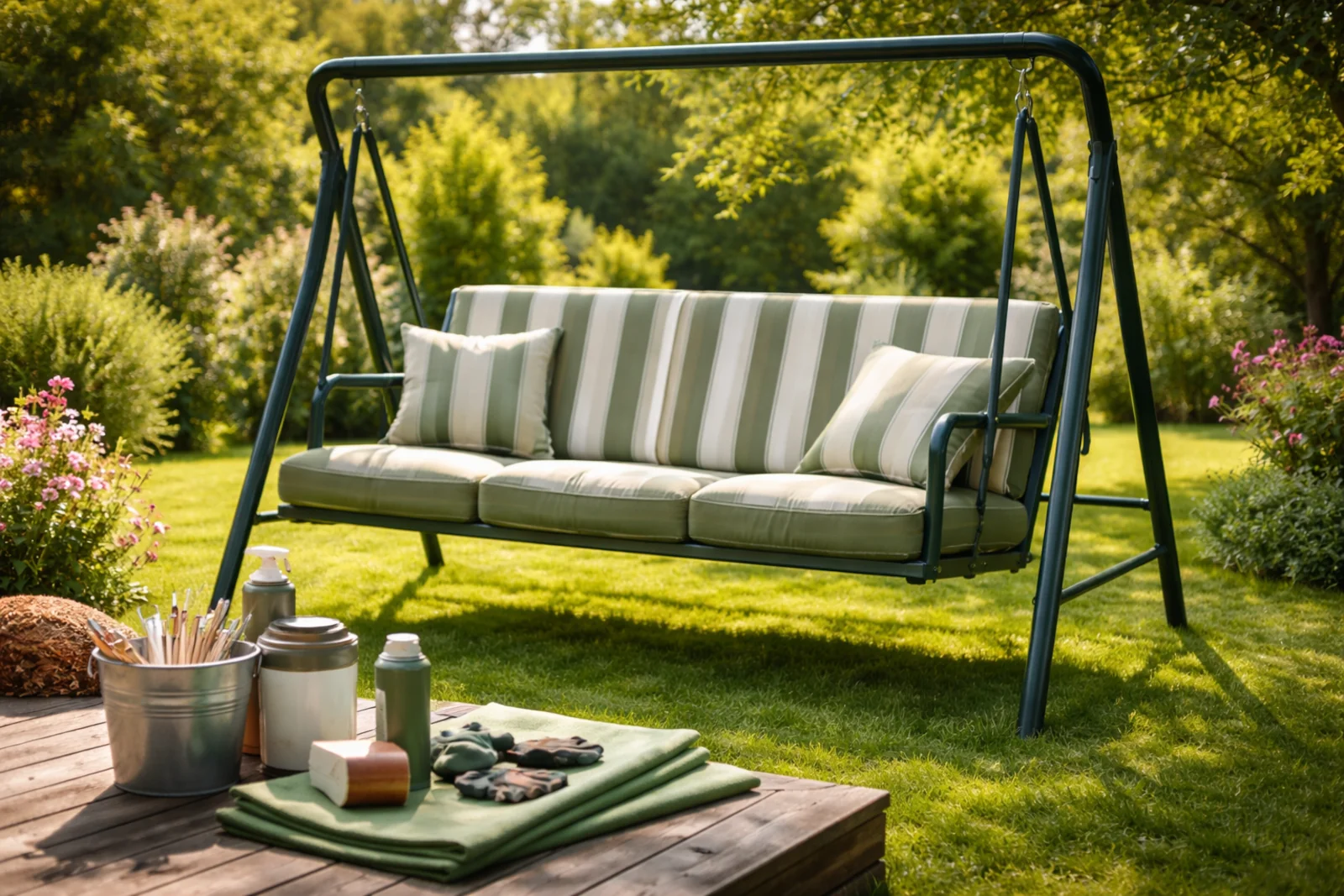 Odnowiona huśtawka ogrodowa na trawniku z odświeżonym metalowym stelażem i nowymi poduszkami