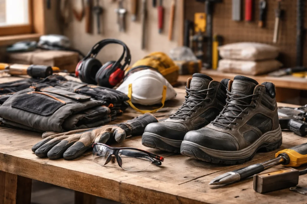 Odzież robocza do prac wokół domu na stole warsztatowym: buty ochronne, rękawice, okulary i maska przeciwpyłowa