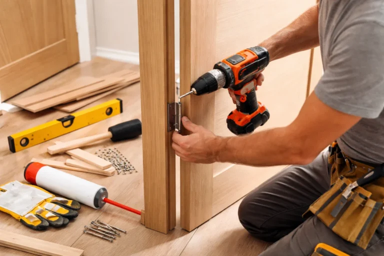 Montaż drzwi wewnętrznych z jasnego drewna podczas przykręcania zawiasu do ościeżnicy