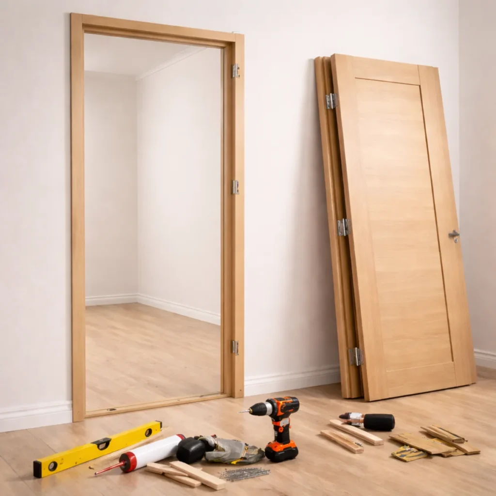 Czysta ościeżnica z trzema zawiasami oraz skrzydło drzwiowe oparte o ścianę przed montażem