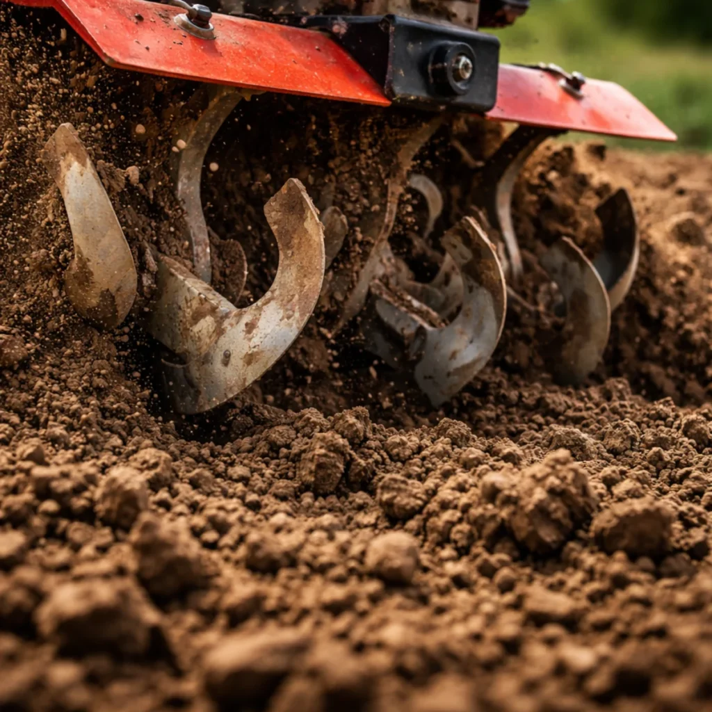 Zbliżenie na ostrza glebogryzarki spalinowej pracujące w glebie