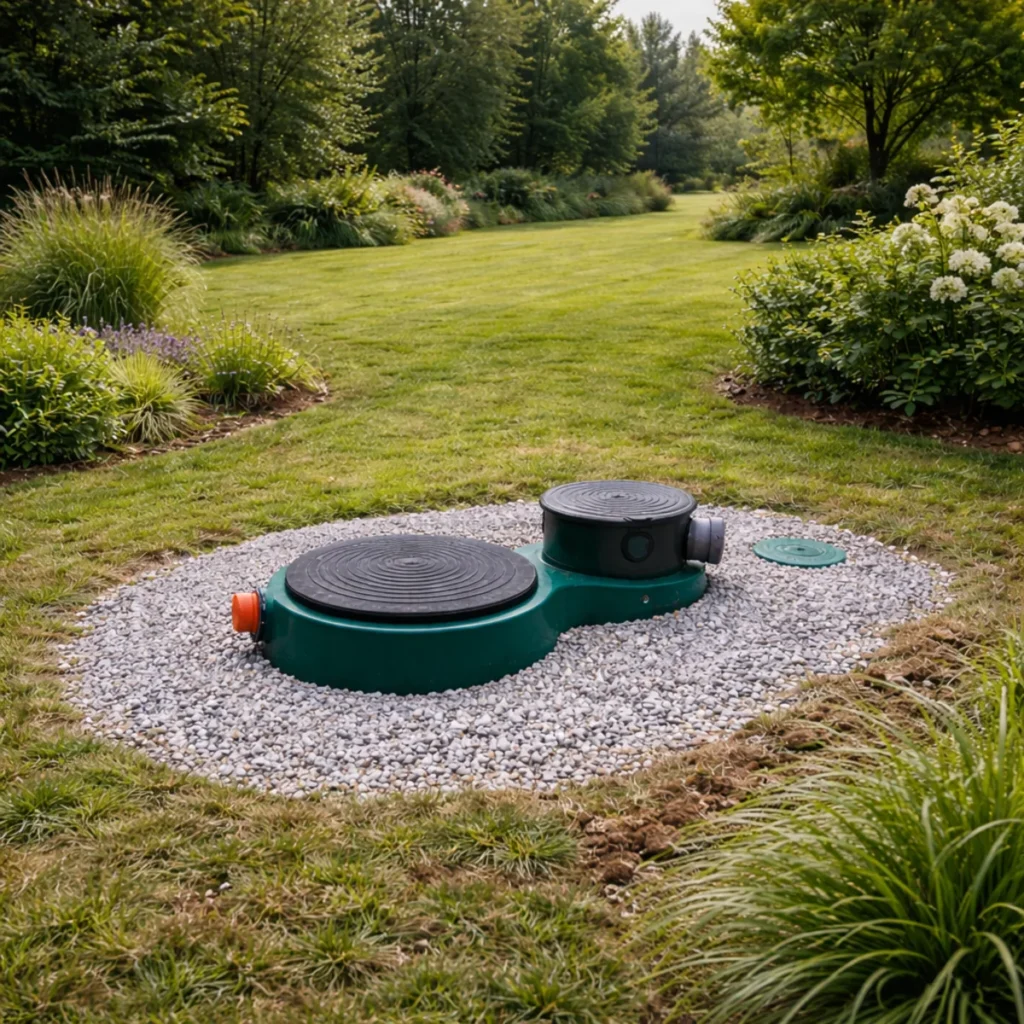 Podziemny zbiornik wody deszczowej z widocznymi włazami serwisowymi, zamontowany w ogrodzie na trawniku